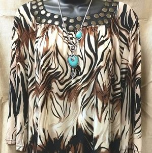 Animal Print Blouse W/Brass Collar Detail